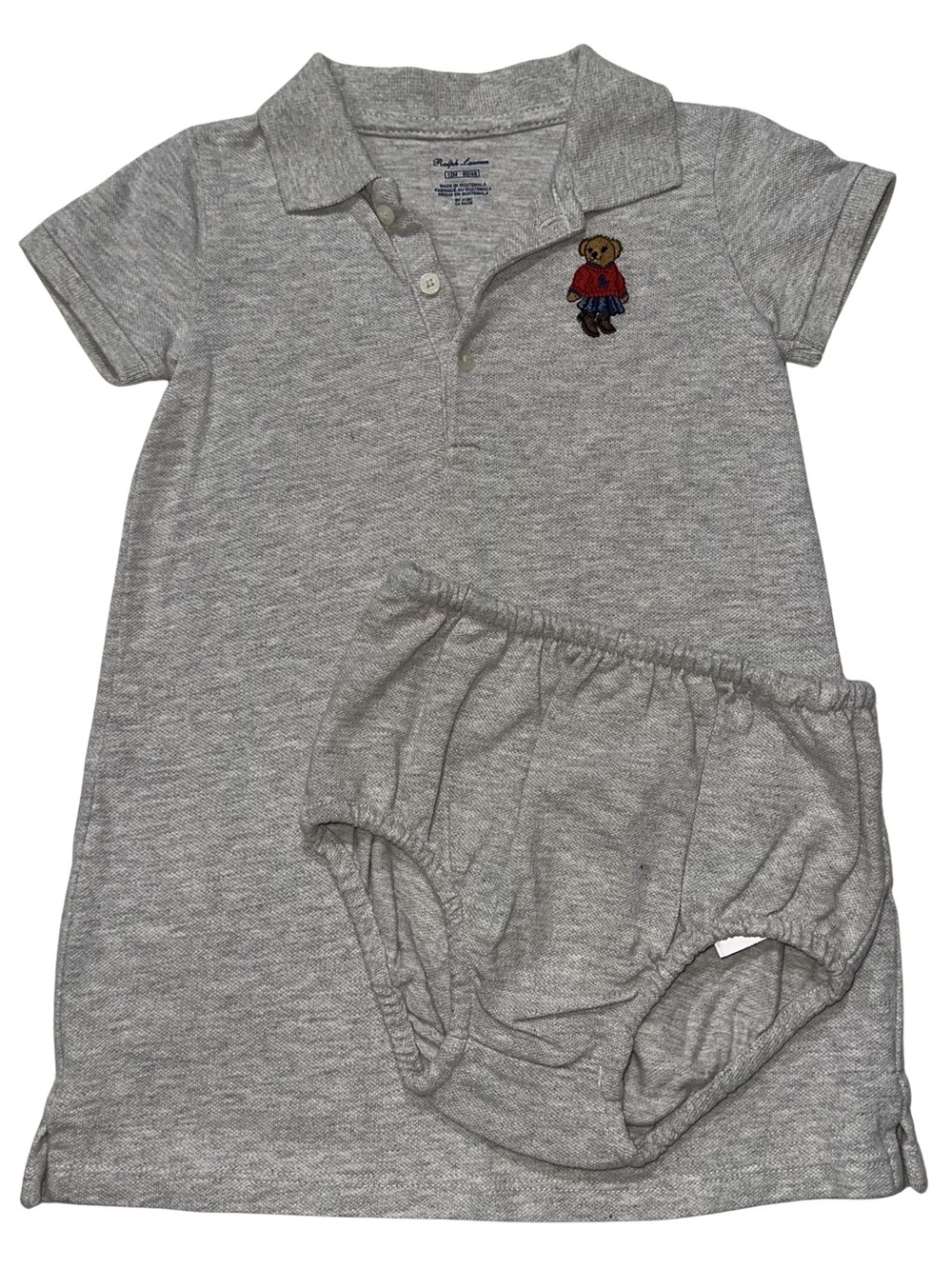 Gray Ralph Lauren Dress w/ Bloomers Polo Bear Embroidered Baby Girl Size 12M
